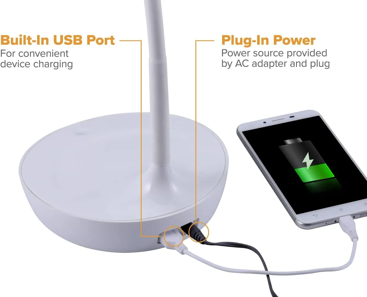 Bostitch Office LED Gooseneck Desk Lamp with USB Charging Port, 3 Dimming Levels, Touch Control, White (VLED1502-WHITE)