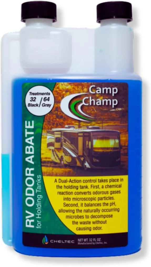 Camp Champ RV Odor Abate -32Oz. | Eliminates Odor, NO Masking | Dual-Action Technology for Both Gray & Black Holding Tanks | 1 Ounce for Black Water & 1/2 Ounce for Gray Water.