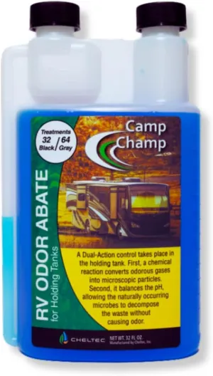 Camp Champ RV Odor Abate -32Oz. | Eliminates Odor, NO Masking | Dual-Action Technology for Both Gray & Black Holding Tanks | 1 Ounce for Black Water & 1/2 Ounce for Gray Water.