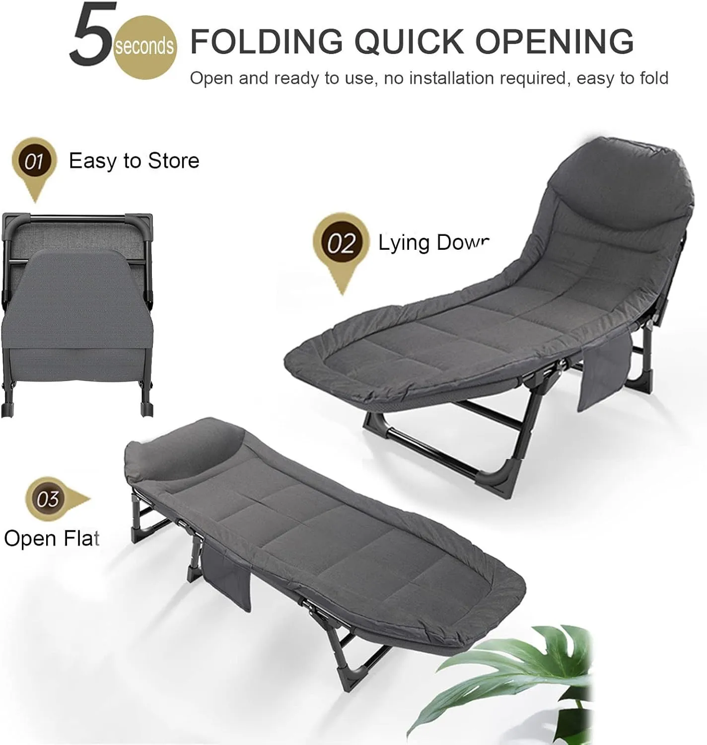 Camping Cot for Adults with Cushion, Portable Folding Cot, 5-Position Chaise Lounge Chair for Outdoor, Camping, Pool, Beach, Patio Relaxation