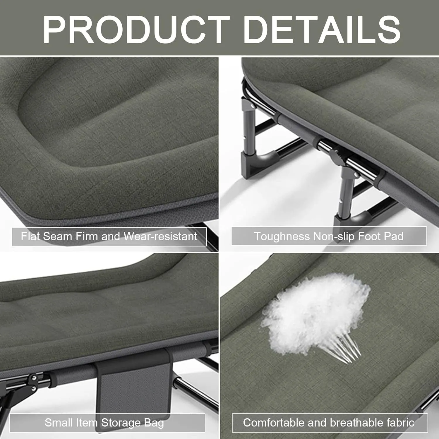 Camping Cot for Adults with Cushion, Portable Folding Cot, 5-Position Chaise Lounge Chair for Outdoor, Camping, Pool, Beach, Patio Relaxation