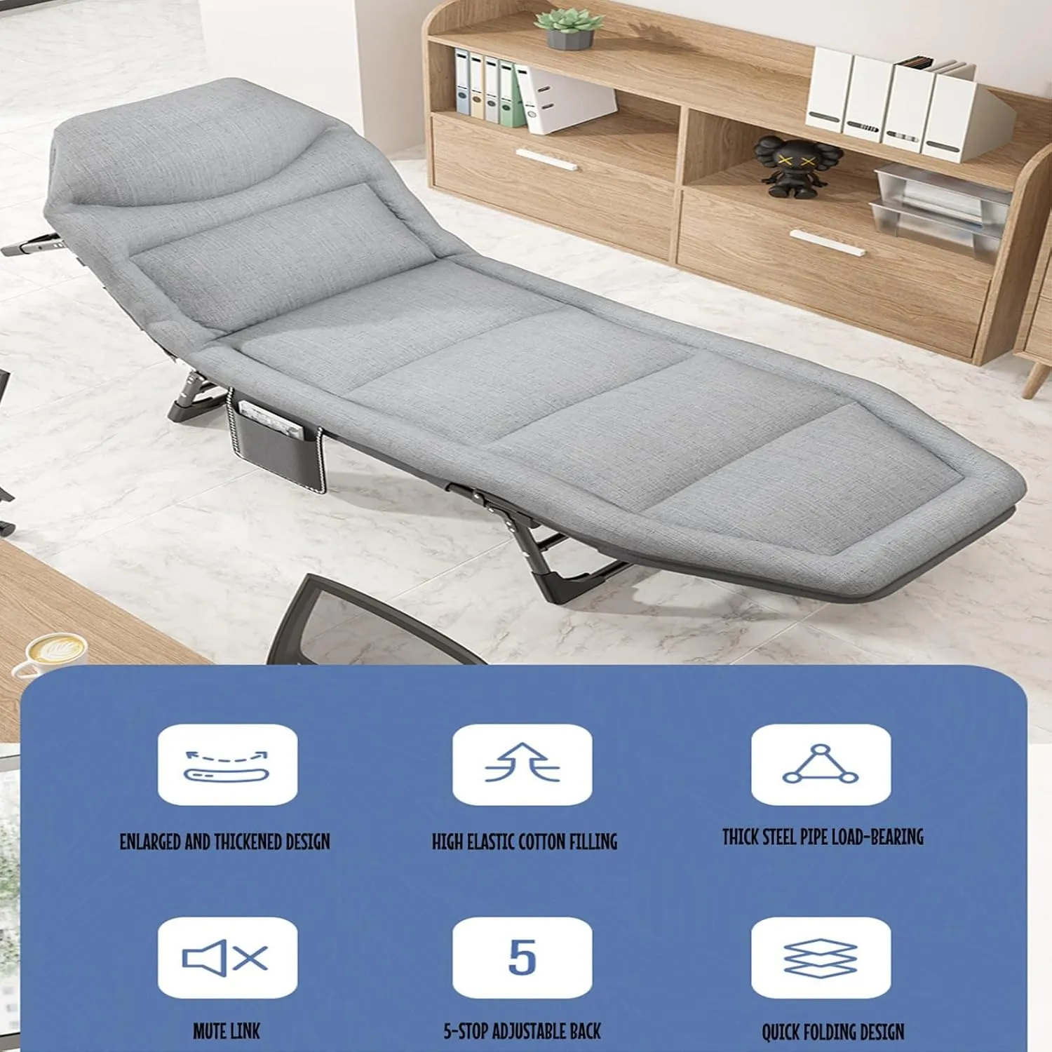 Camping Cot, Portable Folding Outdoor Bed with 5-Position Adjustable Backrest, Ideal for Camping, Beach, Travel, and Home Office Lunch Breaks