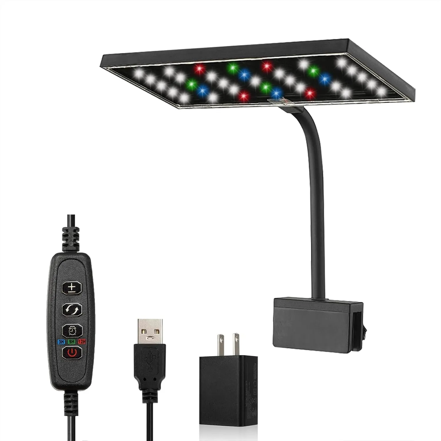 Carefree Fish Aquarium LED Light USB 5V RGBW 5730 Timmer 5~10Gal Fish Tank Clip Light for Rimless Tank 10 Brightness Levels 8W with USB Port (Include Power Adapter)