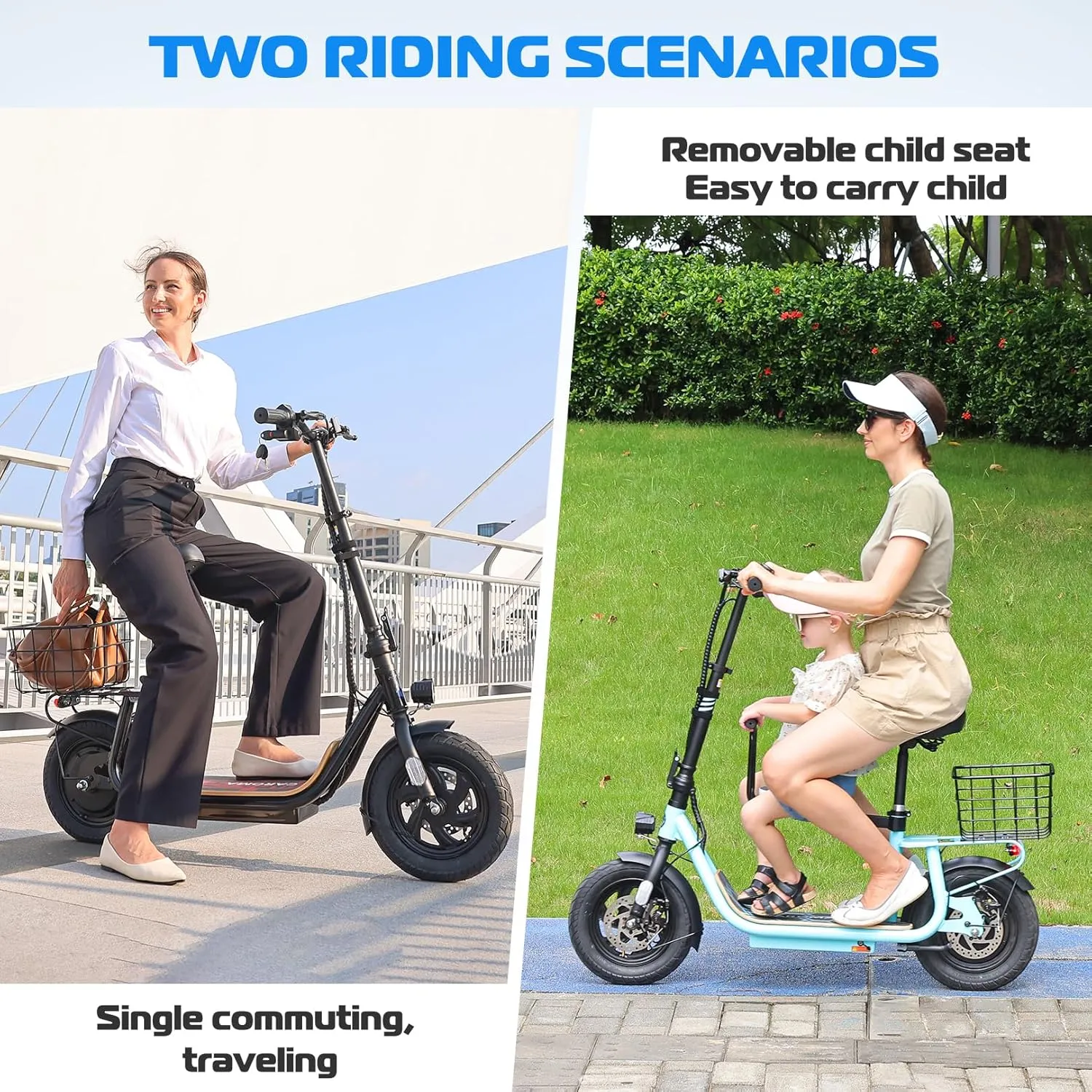 Caroma Peak 1200W Electric Scooter Adults,500Wh Battery up to 30 Miles&20MPH,Foldable Commuting E-Scooter with Detachable Chlid Seat&Basket,300lbs Max Load