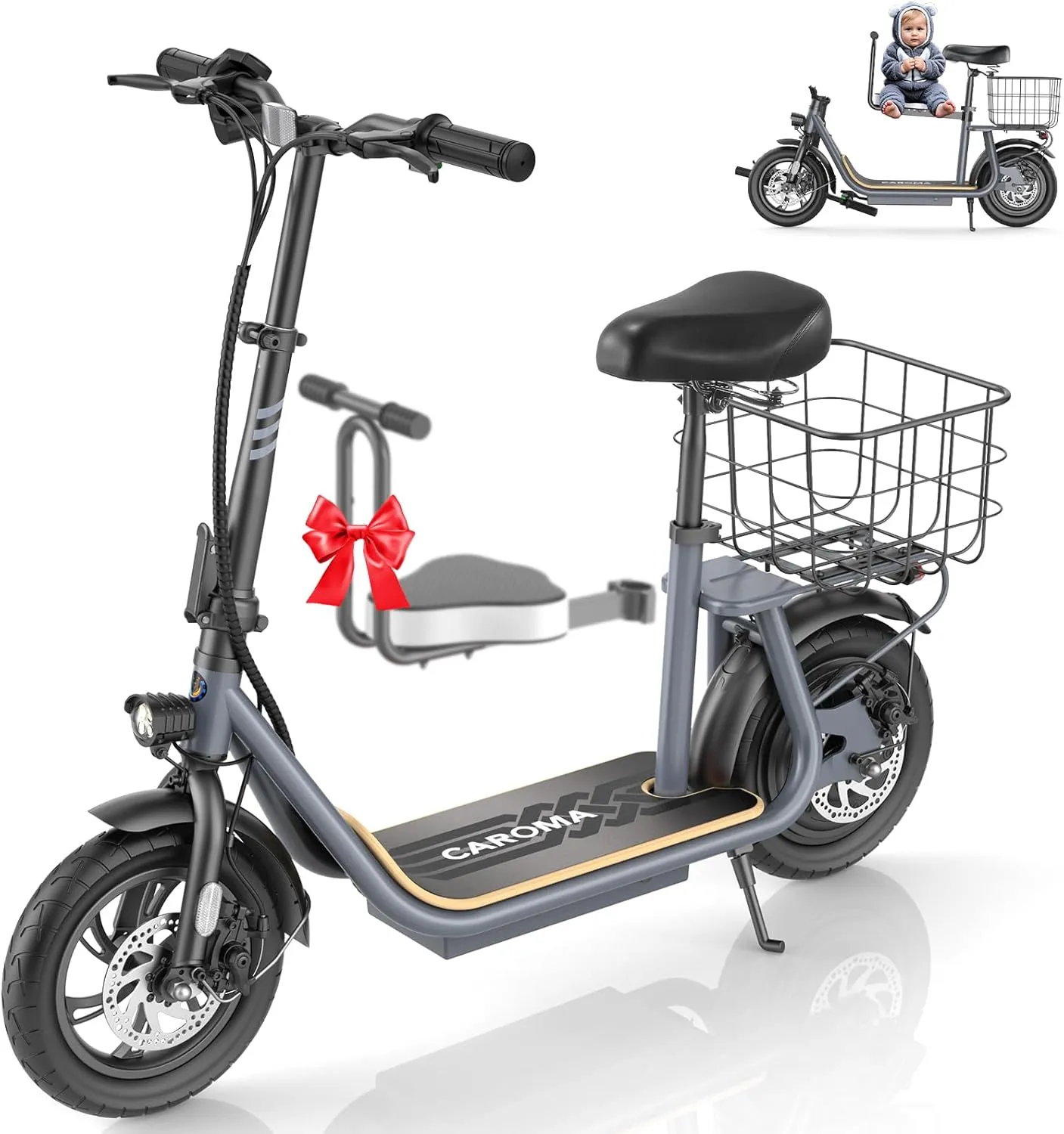 Caroma Peak 1200W Electric Scooter Adults,500Wh Battery up to 30 Miles&20MPH,Foldable Commuting E-Scooter with Detachable Chlid Seat&Basket,300lbs Max Load