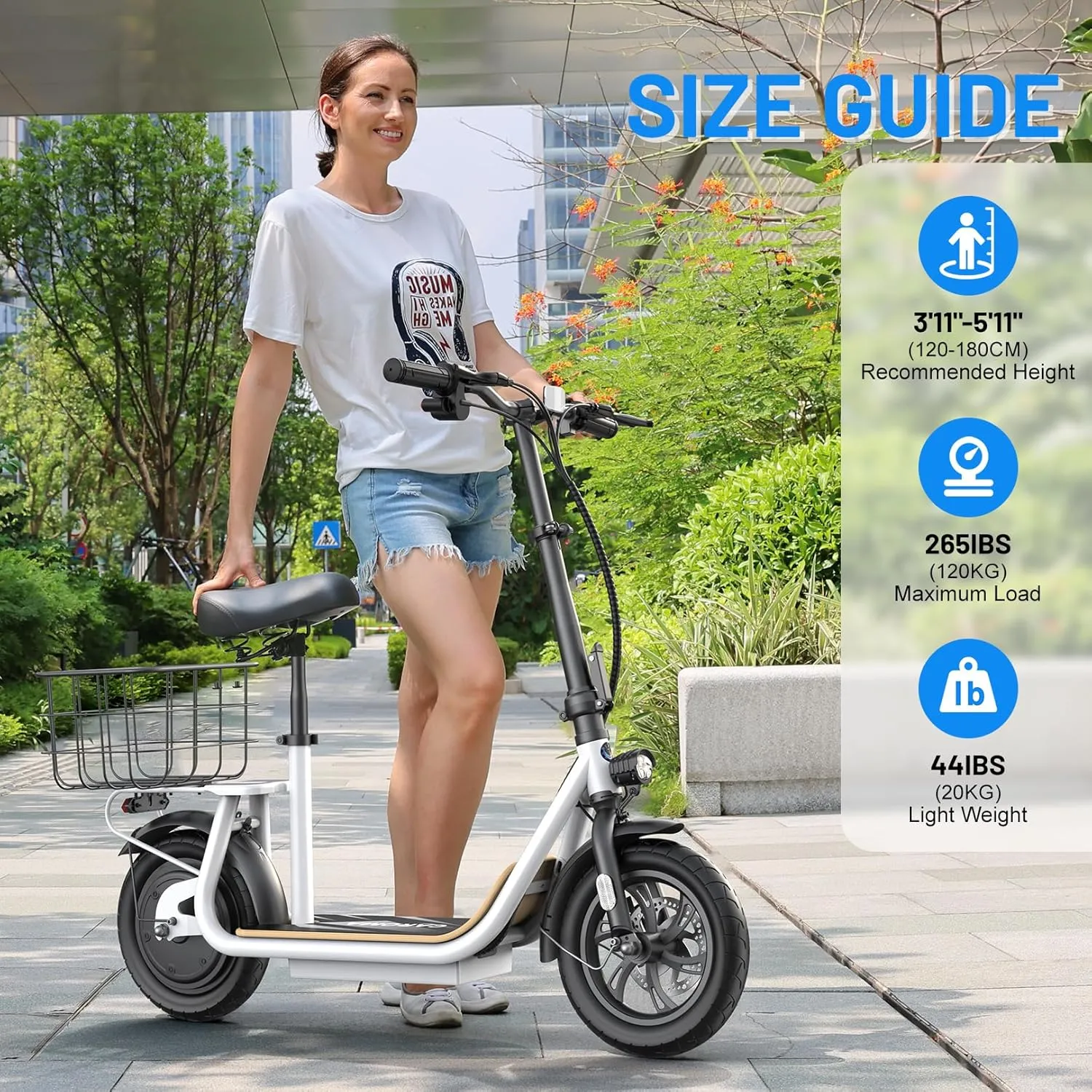 Caroma Peak 1200W Electric Scooter Adults,500Wh Battery up to 30 Miles&20MPH,Foldable Commuting E-Scooter with Detachable Chlid Seat&Basket,300lbs Max Load