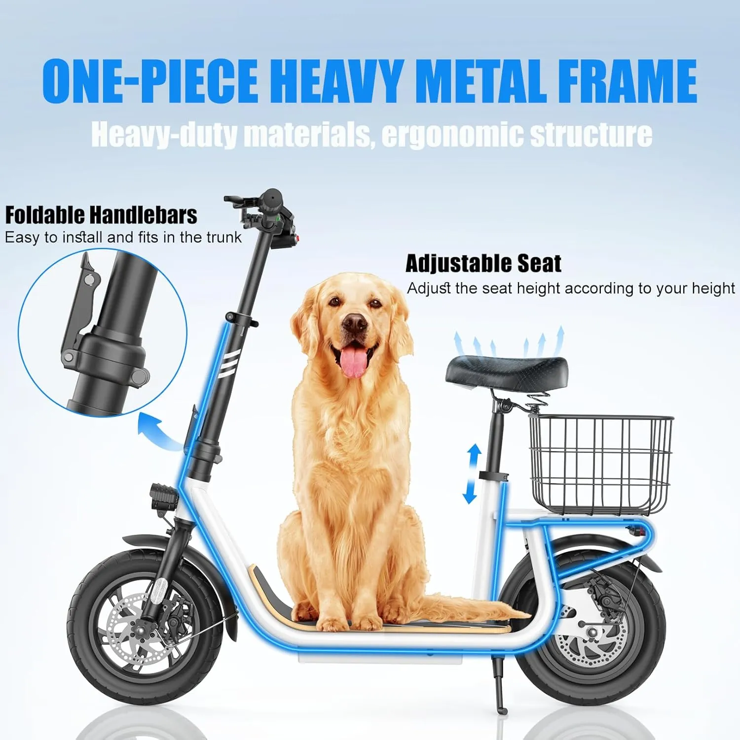 Caroma Peak 1200W Electric Scooter Adults,500Wh Battery up to 30 Miles&20MPH,Foldable Commuting E-Scooter with Detachable Chlid Seat&Basket,300lbs Max Load