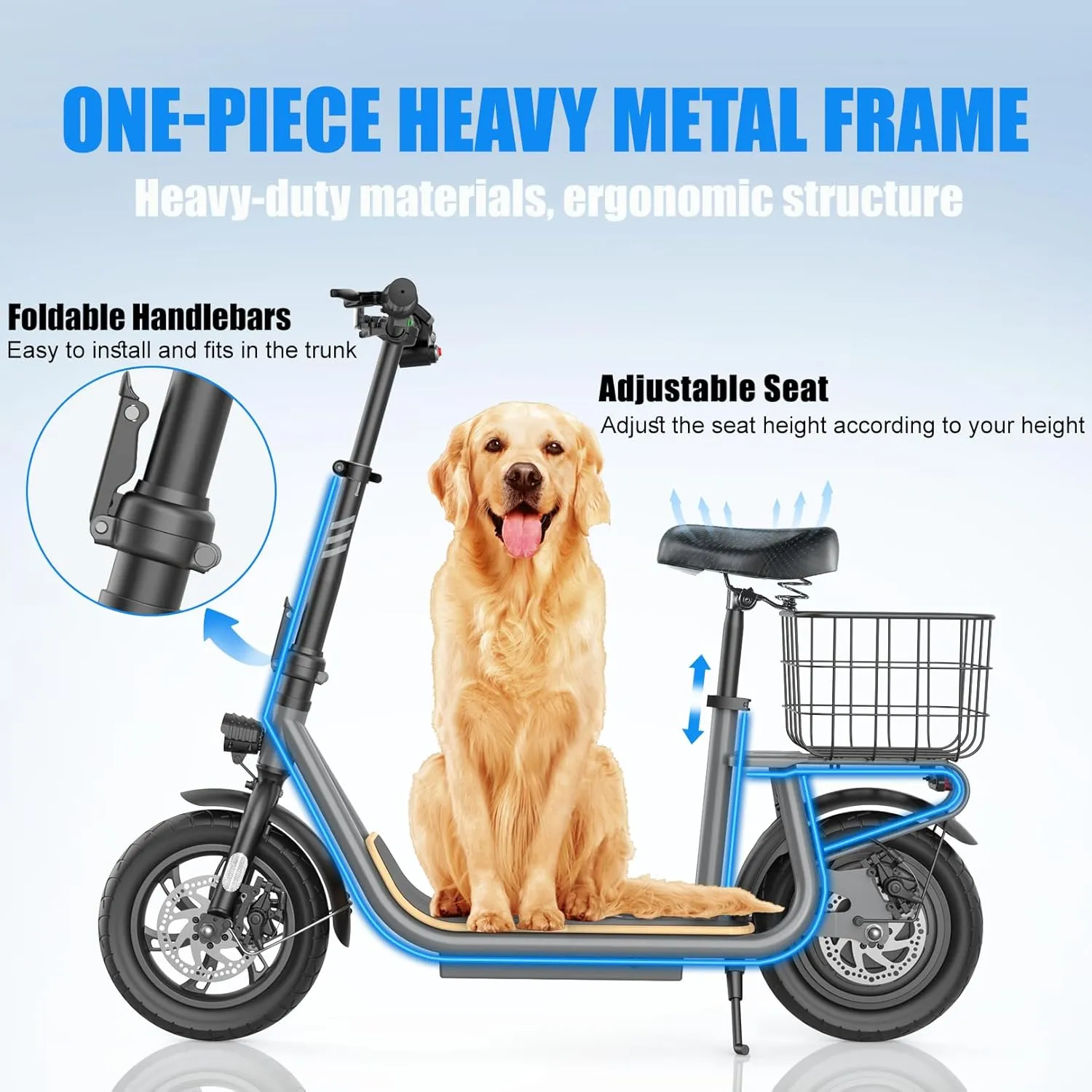 Caroma Peak 1200W Electric Scooter Adults,500Wh Battery up to 30 Miles&20MPH,Foldable Commuting E-Scooter with Detachable Chlid Seat&Basket,300lbs Max Load