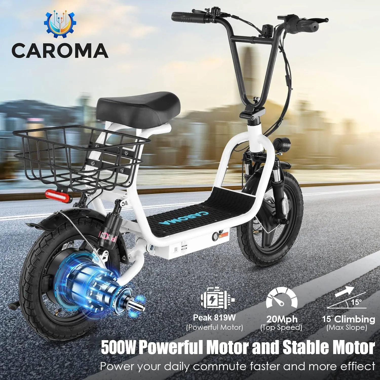 Caroma Peak 1200W Electric Scooter for Adults with Seat, 14" Fat Tire, 30 Miles Long Range& 20MPH Top Speed, Commuting with Basket & Shock Absorbing, Dual Disc Brakes Foldable Ebike