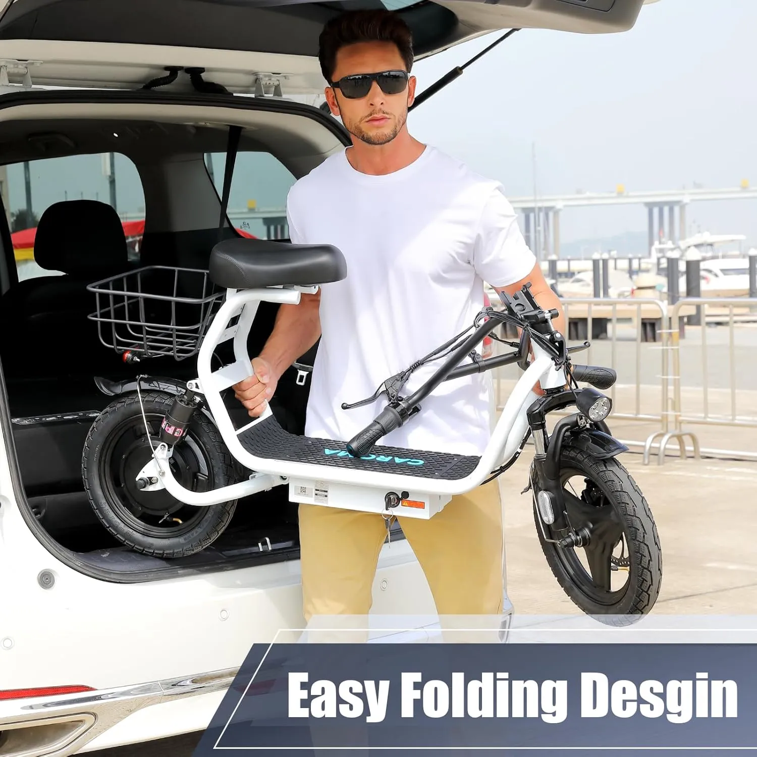 Caroma Peak 1200W Electric Scooter for Adults with Seat, 14" Fat Tire, 30 Miles Long Range& 20MPH Top Speed, Commuting with Basket & Shock Absorbing, Dual Disc Brakes Foldable Ebike