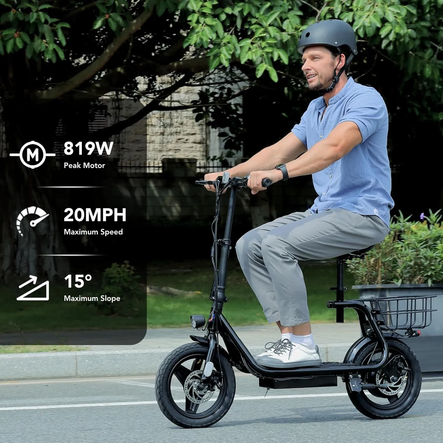 Caroma Peak 1200W Electric Scooter with Seat 14" Tire, 30 Miles Range 20MPH Max Speed, Foldable Electric Scooter for Adults 300 LBS Max Load