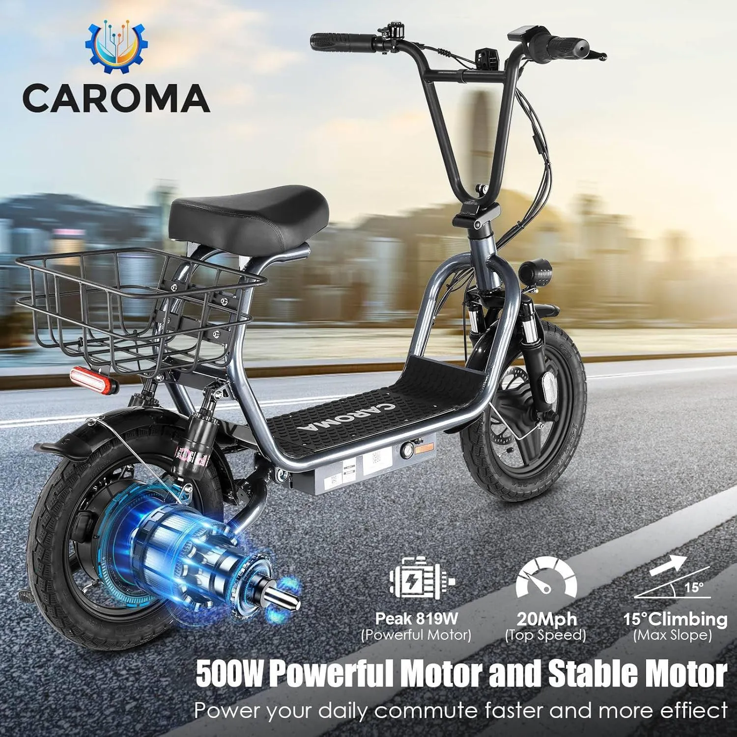 Caroma Peak 1200W Electric Scooter with Seat, 500Wh Battery, 30Miles Range, 20MPH Top Speed, 14" Tires Foldable Electric Scooter with Basket for Commuting, Dual Shock Absorbing Ebike for Adults