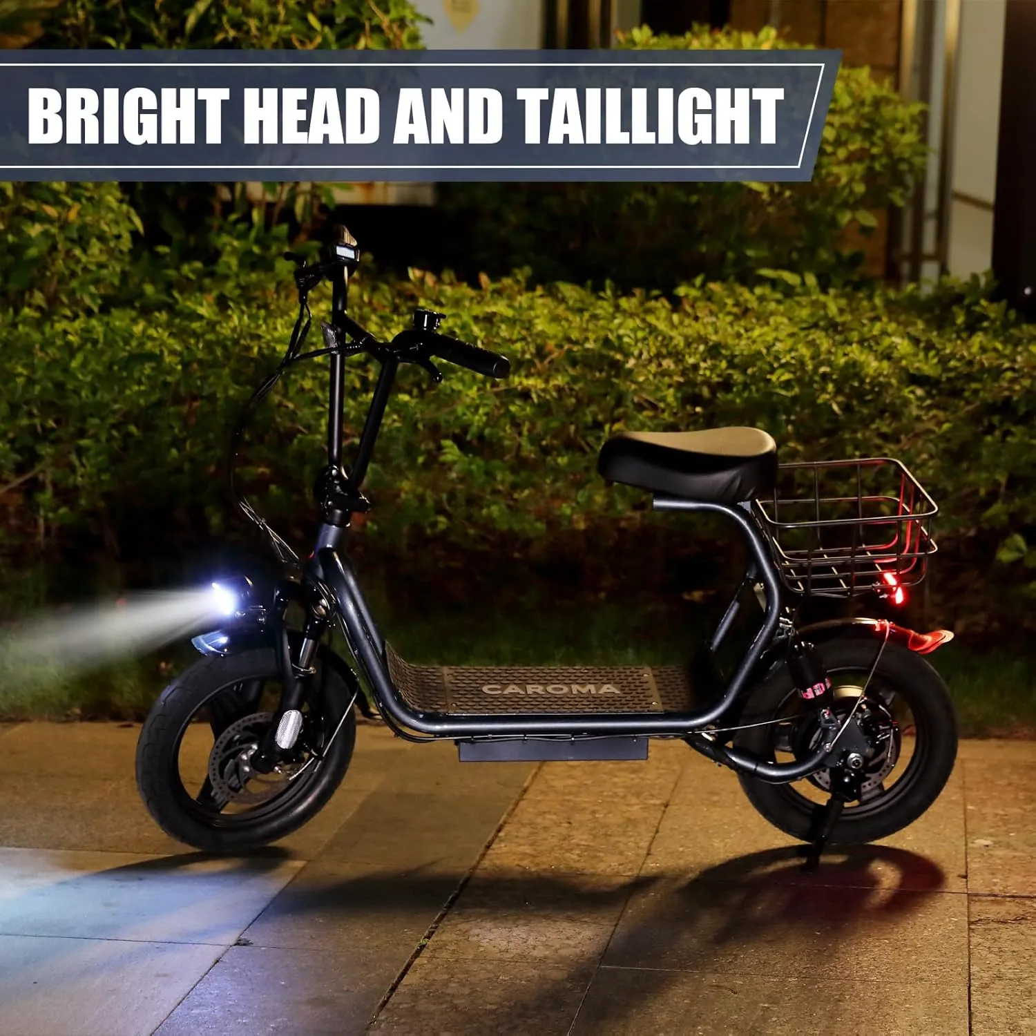 Caroma Peak 1200W Electric Scooter with Seat, 500Wh Battery, 30Miles Range, 20MPH Top Speed, 14" Tires Foldable Electric Scooter with Basket for Commuting, Dual Shock Absorbing Ebike for Adults