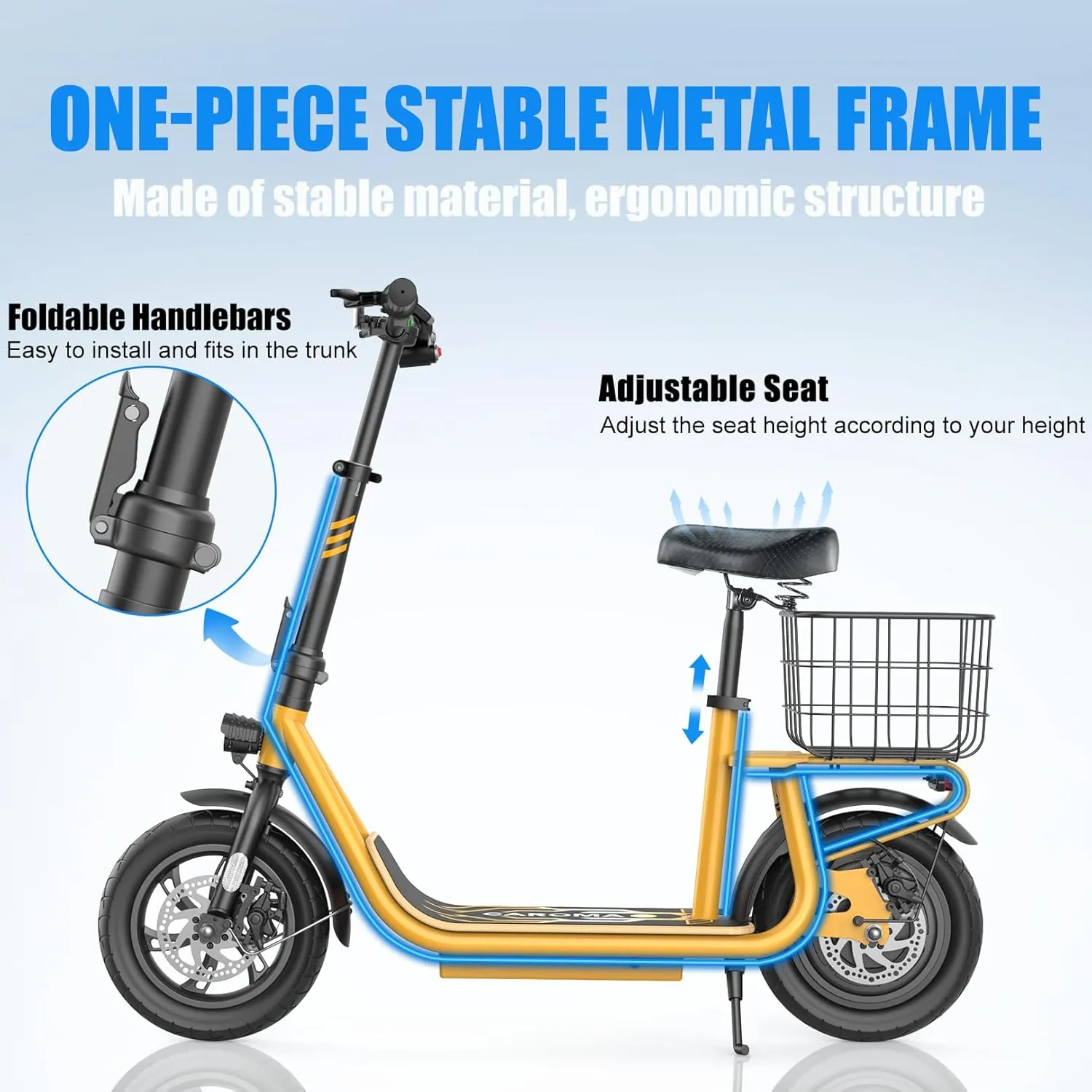 Caroma Peak 1200W Electric Scooter with Seat, 500Wh Battery up to 30 Miles&20MPH, Foldable Adult Electric Scooter for Commuting with Carry Basket & Height Adjustable Seat, Dual Disc Brakes