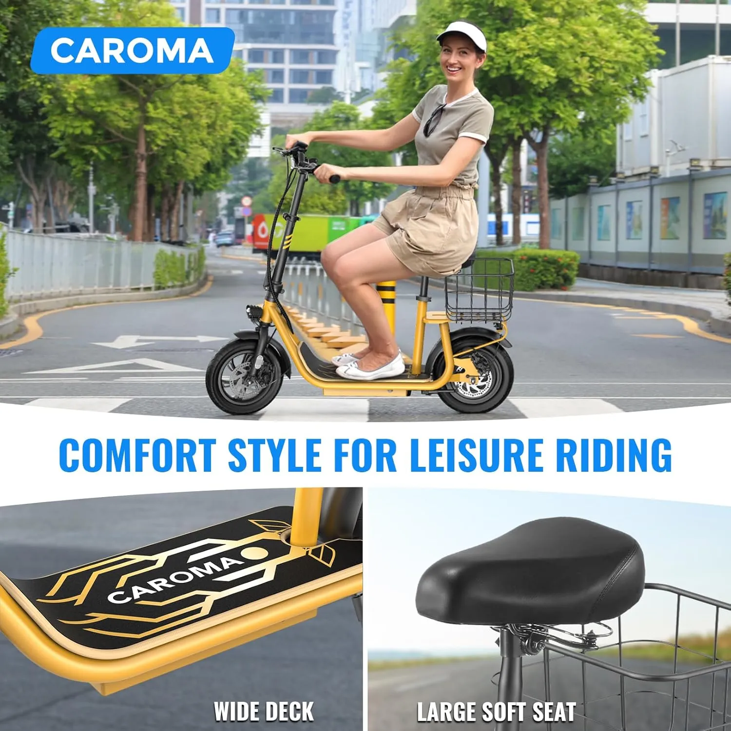 Caroma Peak 1200W Electric Scooter with Seat, 500Wh Battery up to 30 Miles&20MPH, Foldable Adult Electric Scooter for Commuting with Carry Basket & Height Adjustable Seat, Dual Disc Brakes
