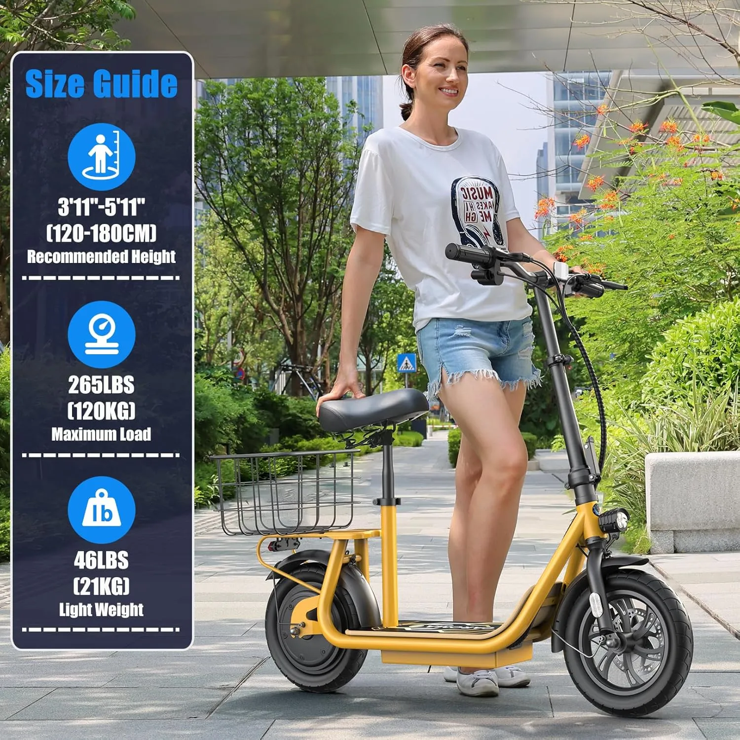Caroma Peak 1200W Electric Scooter with Seat, 500Wh Battery up to 30 Miles&20MPH, Foldable Adult Electric Scooter for Commuting with Carry Basket & Height Adjustable Seat, Dual Disc Brakes
