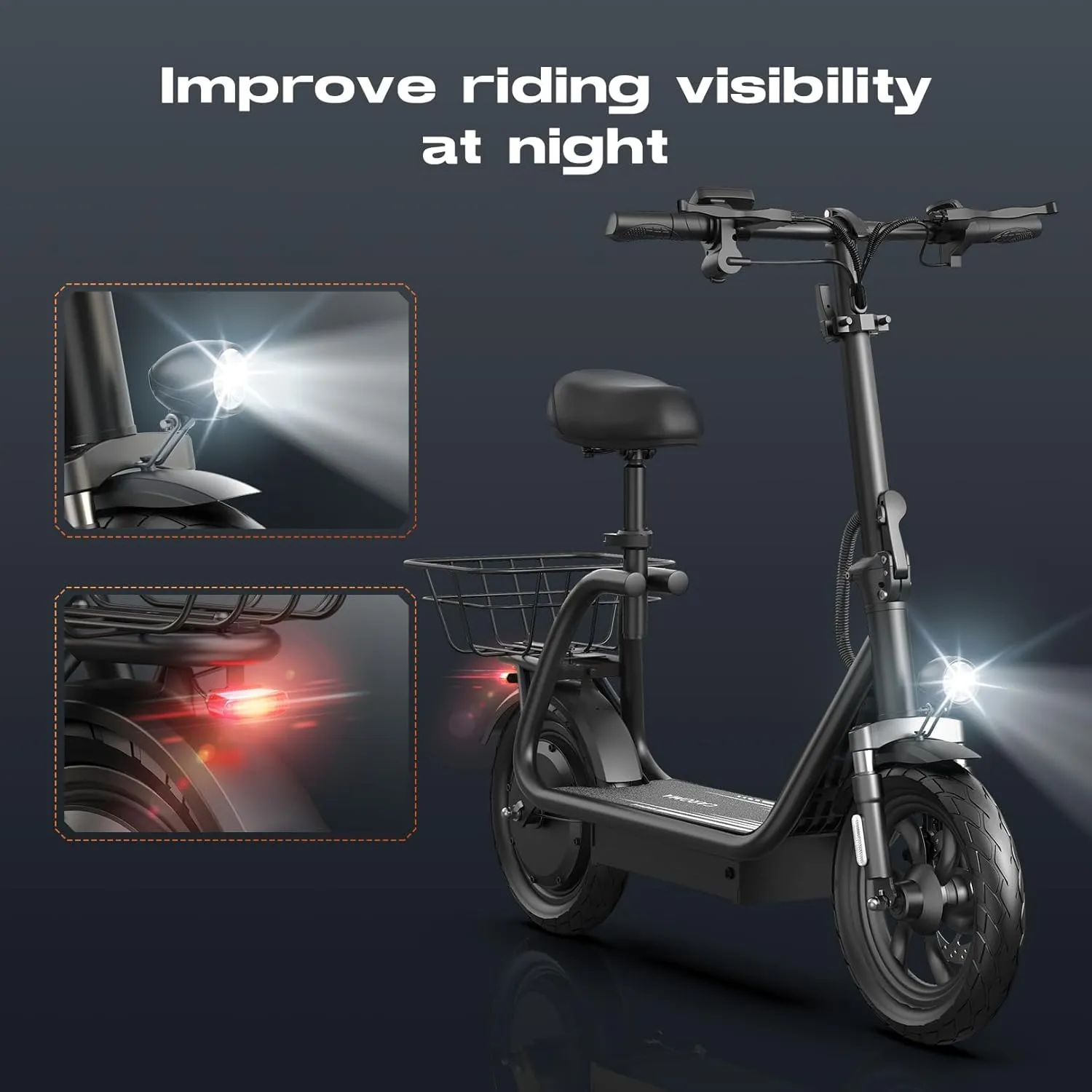 Caroma Peak 1200W Electric Scooter with Seat, LED Display and 3 Speed Modes,500Wh Battery up to 30Miles, Foldable Electric Scooter with Basket & Height Adjustable Seat