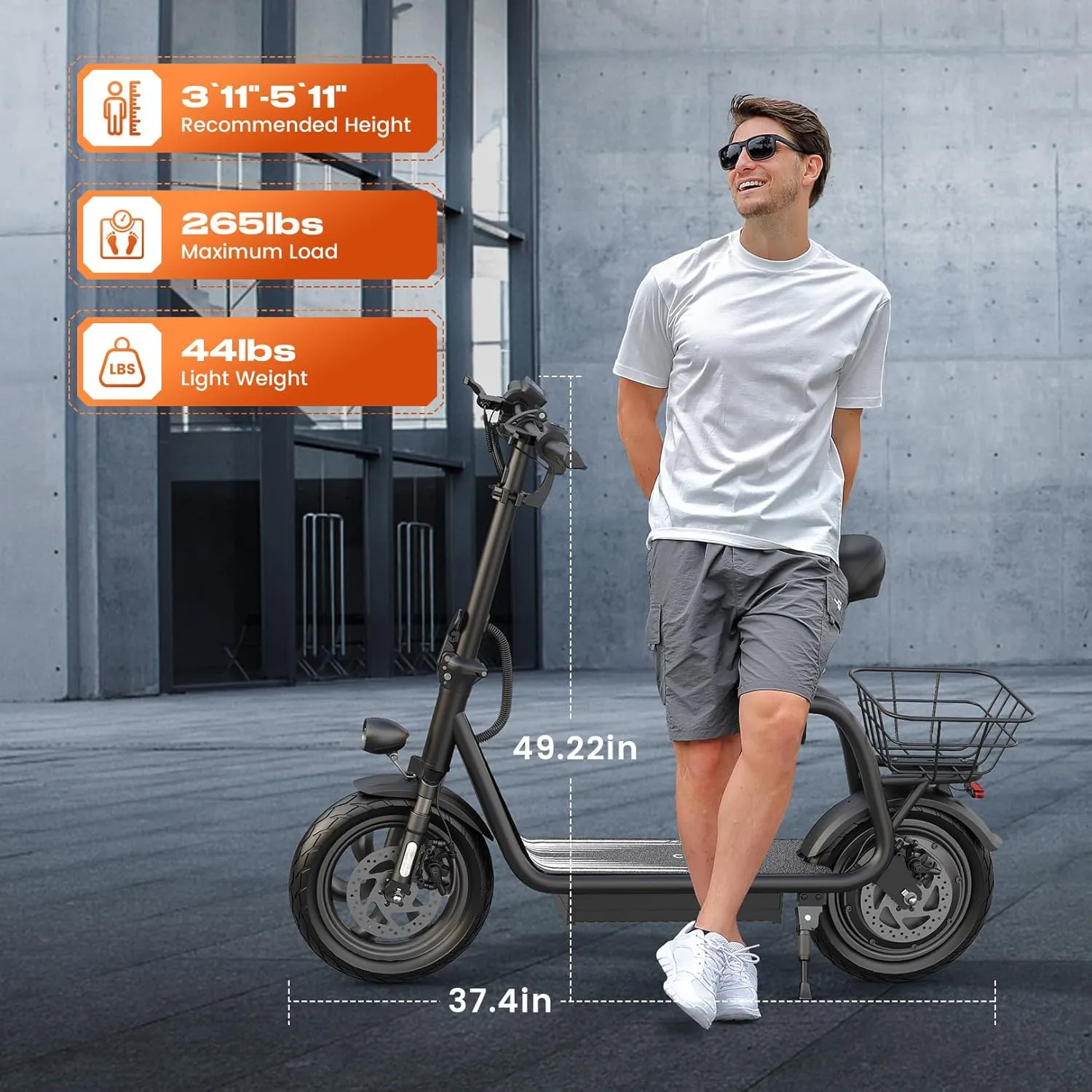 Caroma Peak 1200W Electric Scooter with Seat, LED Display and 3 Speed Modes,500Wh Battery up to 30Miles, Foldable Electric Scooter with Basket & Height Adjustable Seat
