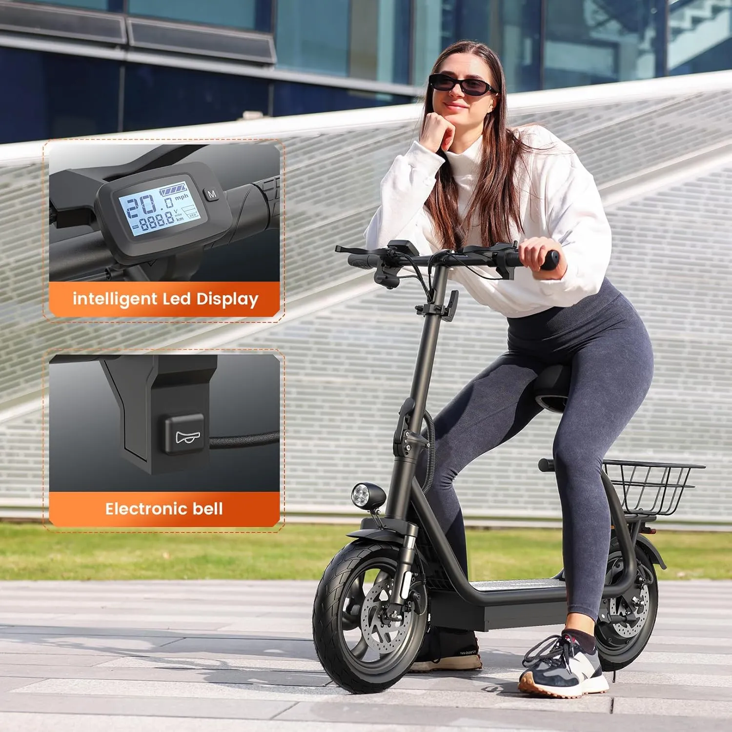 Caroma Peak 1200W Electric Scooter with Seat, LED Display and 3 Speed Modes,500Wh Battery up to 30Miles, Foldable Electric Scooter with Basket & Height Adjustable Seat