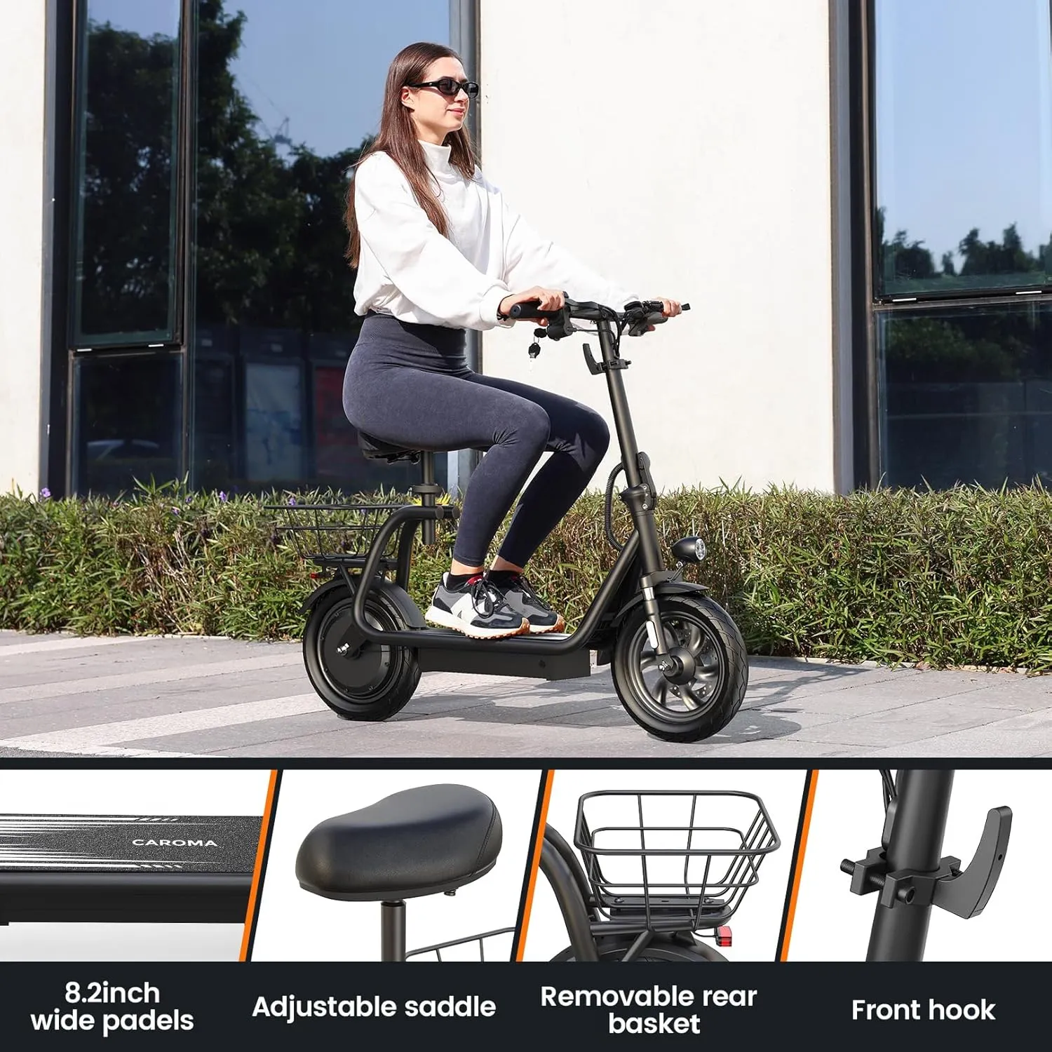 Caroma Peak 1200W Electric Scooter with Seat, LED Display and 3 Speed Modes,500Wh Battery up to 30Miles, Foldable Electric Scooter with Basket & Height Adjustable Seat