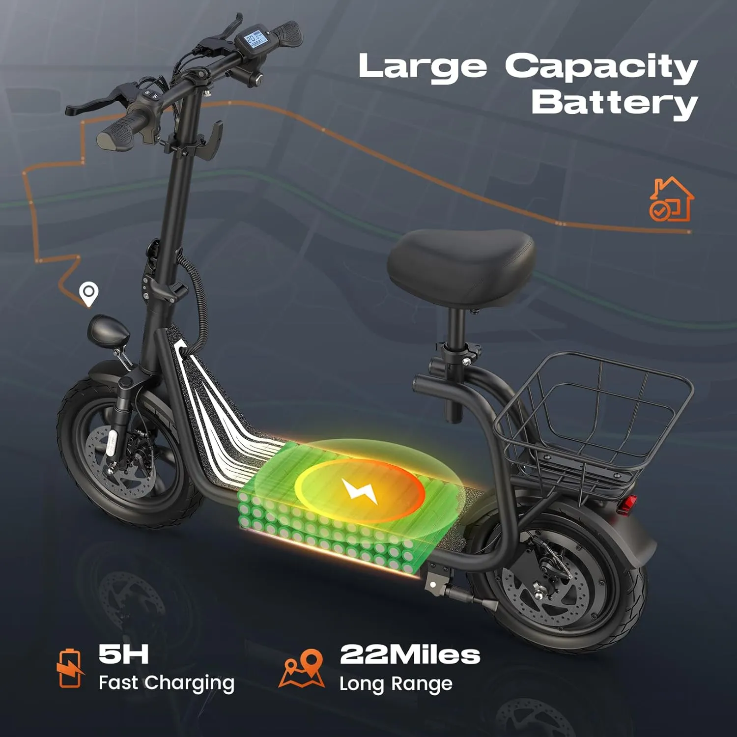 Caroma Peak 1200W Electric Scooter with Seat, LED Display and 3 Speed Modes,500Wh Battery up to 30Miles, Foldable Electric Scooter with Basket & Height Adjustable Seat