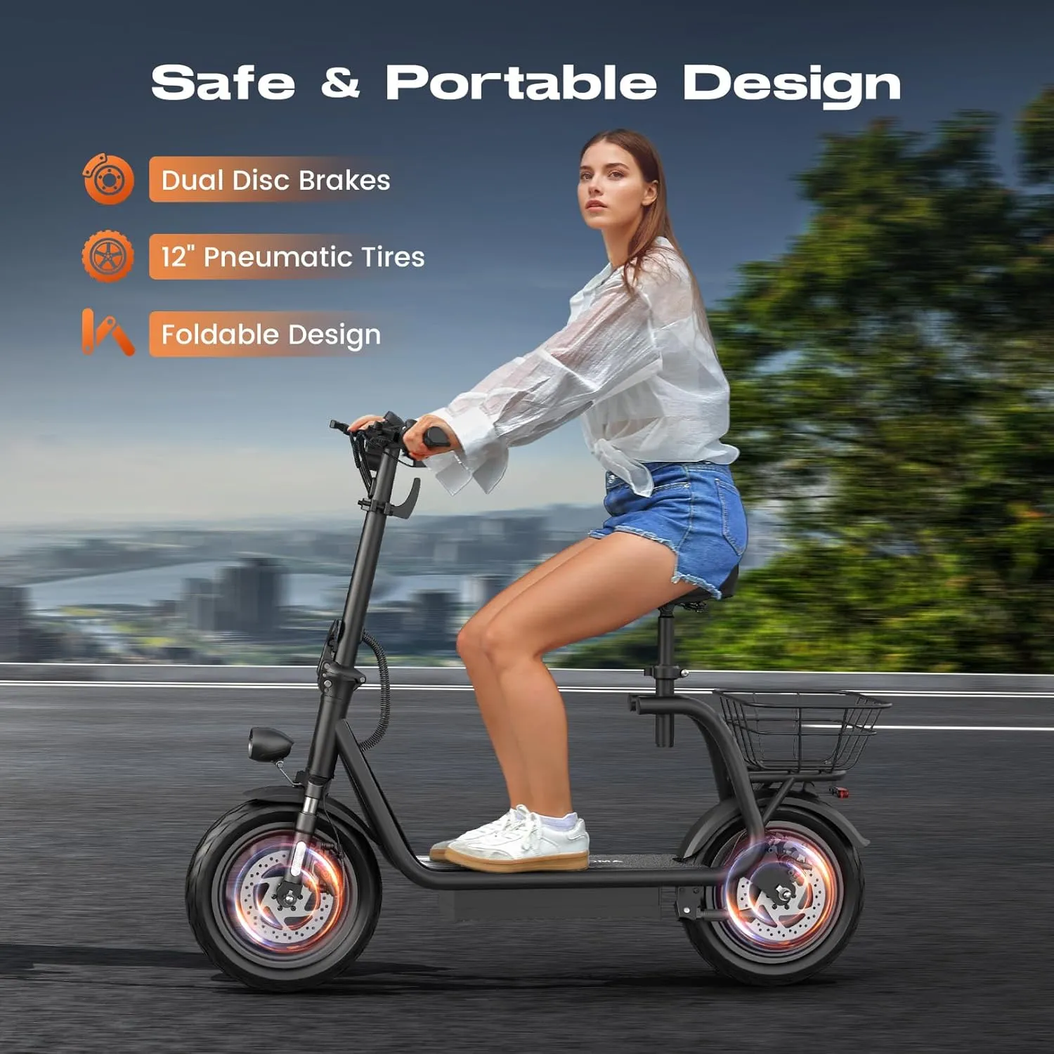 Caroma Peak 1200W Electric Scooter with Seat, LED Display and 3 Speed Modes,500Wh Battery up to 30Miles, Foldable Electric Scooter with Basket & Height Adjustable Seat