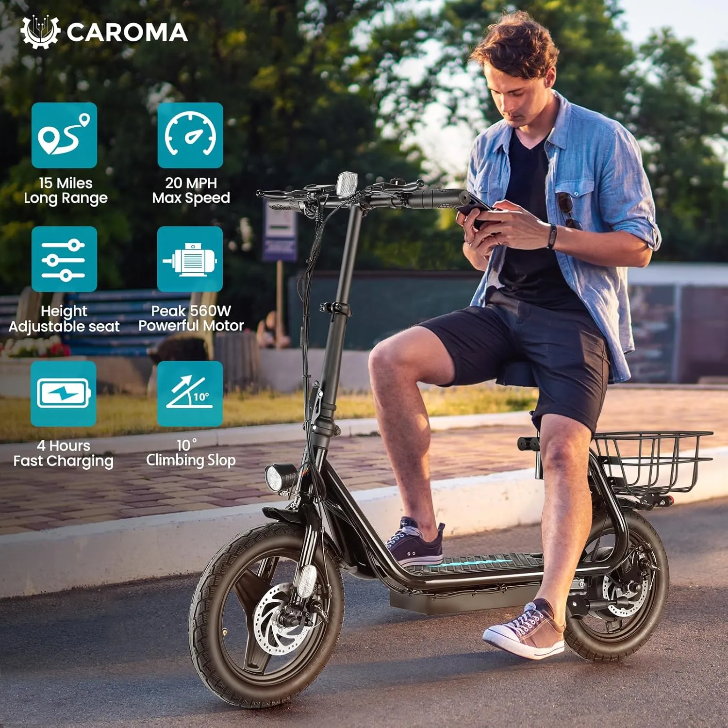 Caroma Peak 1200W Electric Scooters for Adults 14" Tire, 500Wh Battery, 30Miles Range, 20MPH Top Speed, Adjustable Electric Scooter with Seat, Commuter Ebike for Adults&Teens