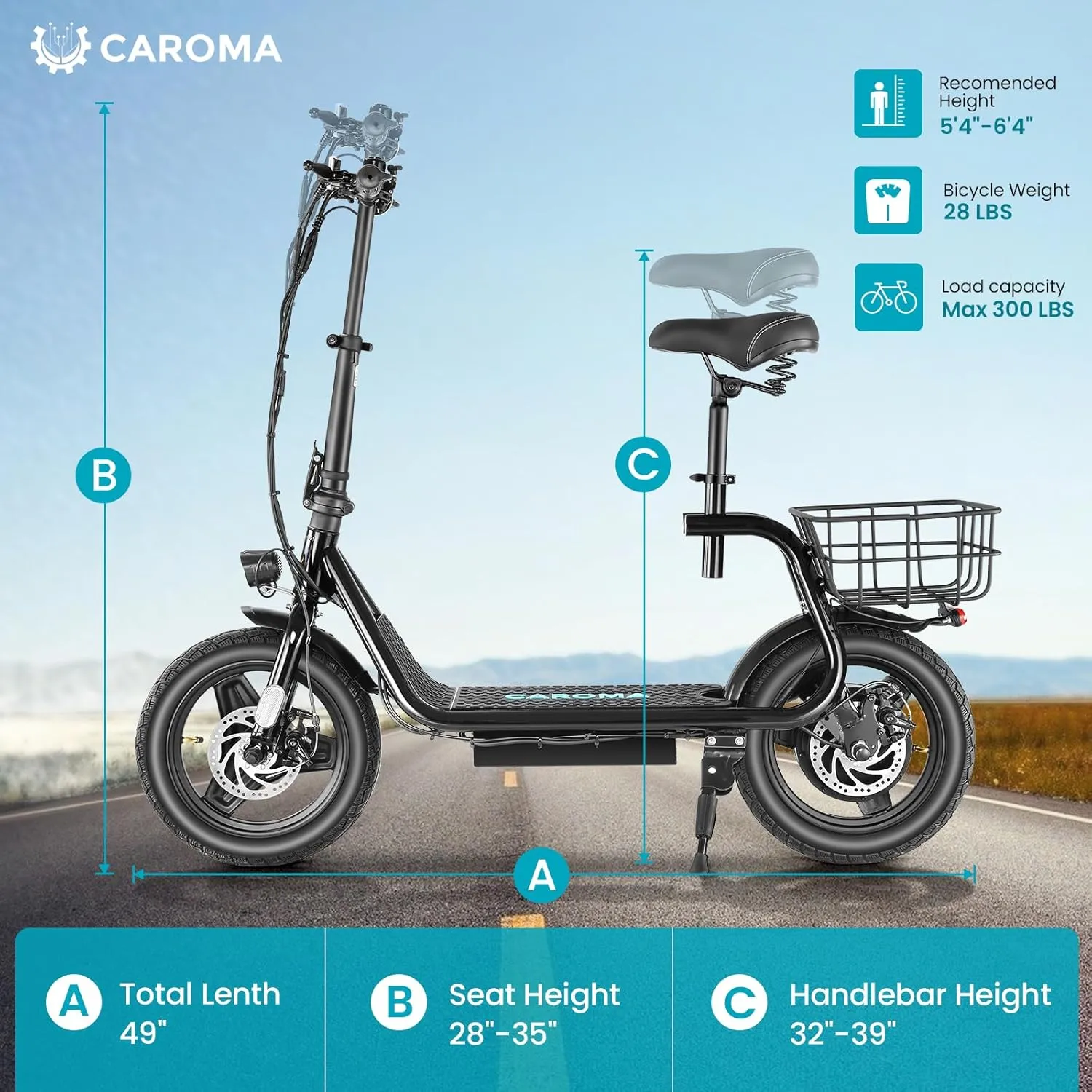 Caroma Peak 1200W Electric Scooters for Adults 14" Tire, 500Wh Battery, 30Miles Range, 20MPH Top Speed, Adjustable Electric Scooter with Seat, Commuter Ebike for Adults&Teens