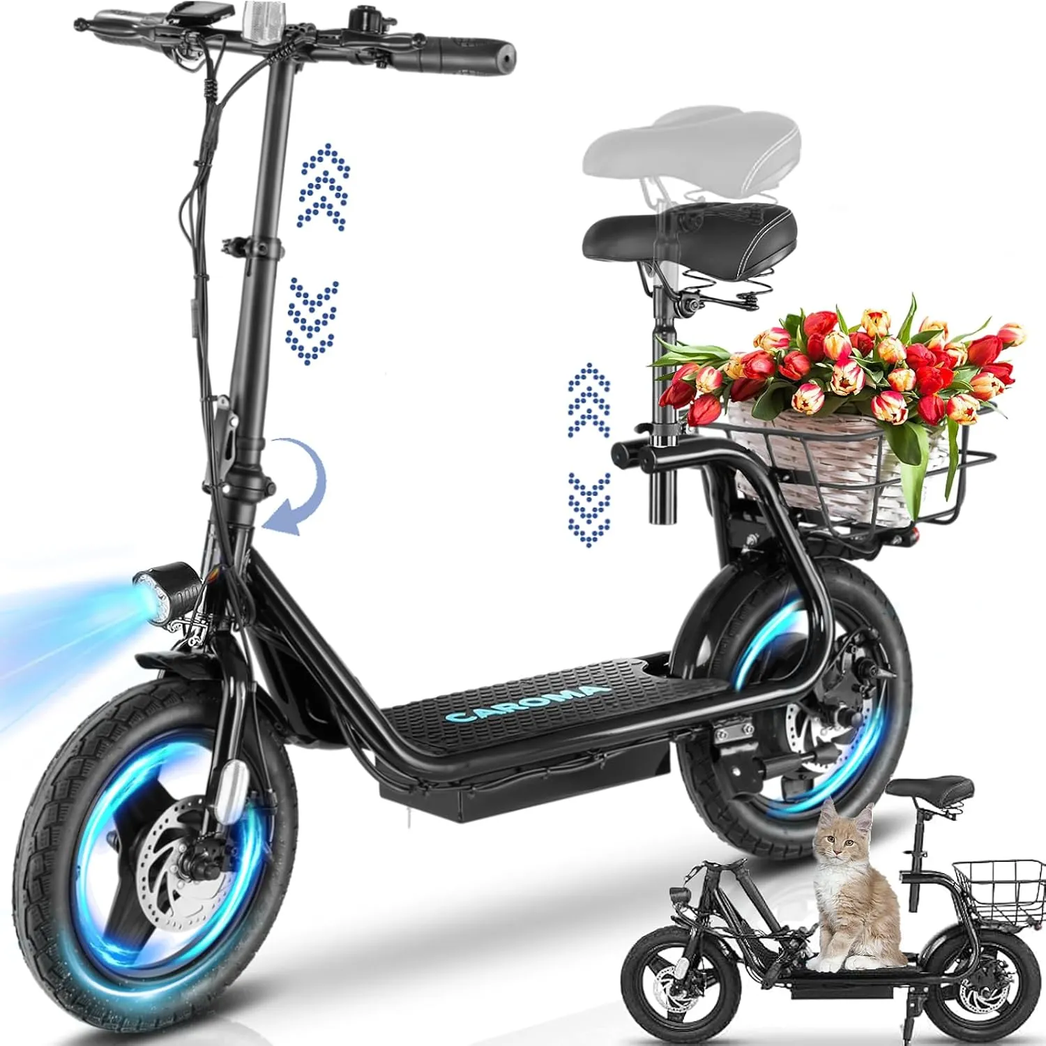 Caroma Peak 1200W Electric Scooters for Adults 14" Tire, 500Wh Battery, 30Miles Range, 20MPH Top Speed, Adjustable Electric Scooter with Seat, Commuter Ebike for Adults&Teens