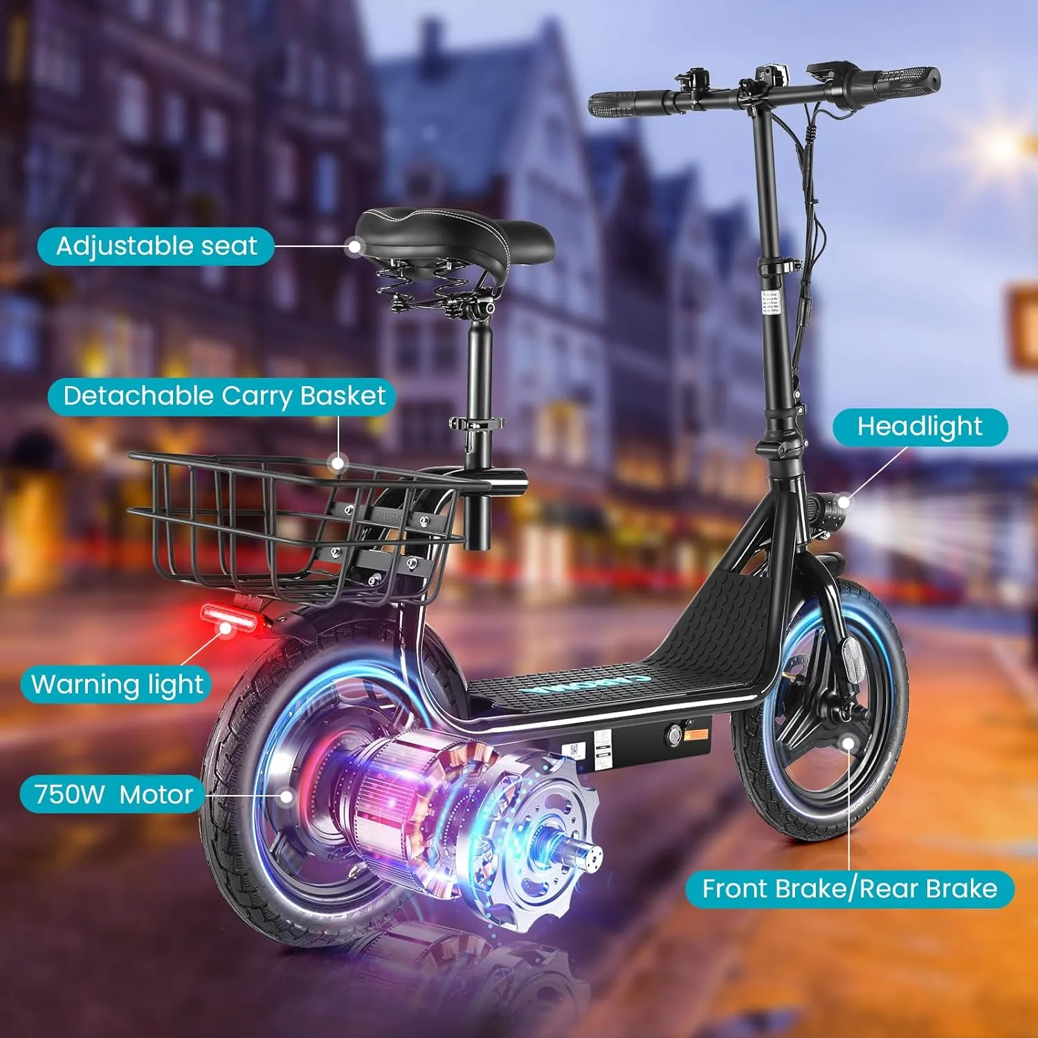 Caroma Peak 1200W Electric Scooters for Adults 14" Tire, 500Wh Battery, 30Miles Range, 20MPH Top Speed, Adjustable Electric Scooter with Seat, Commuter Ebike for Adults&Teens
