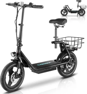 Caroma Peak 560W Electric Scooter with Seat for Adults, 14" Fat Tire up to 30 Miles&20MPH, Foldable Adult Electric Scooter for Commuting with Basket&Shock Absorbing（Black