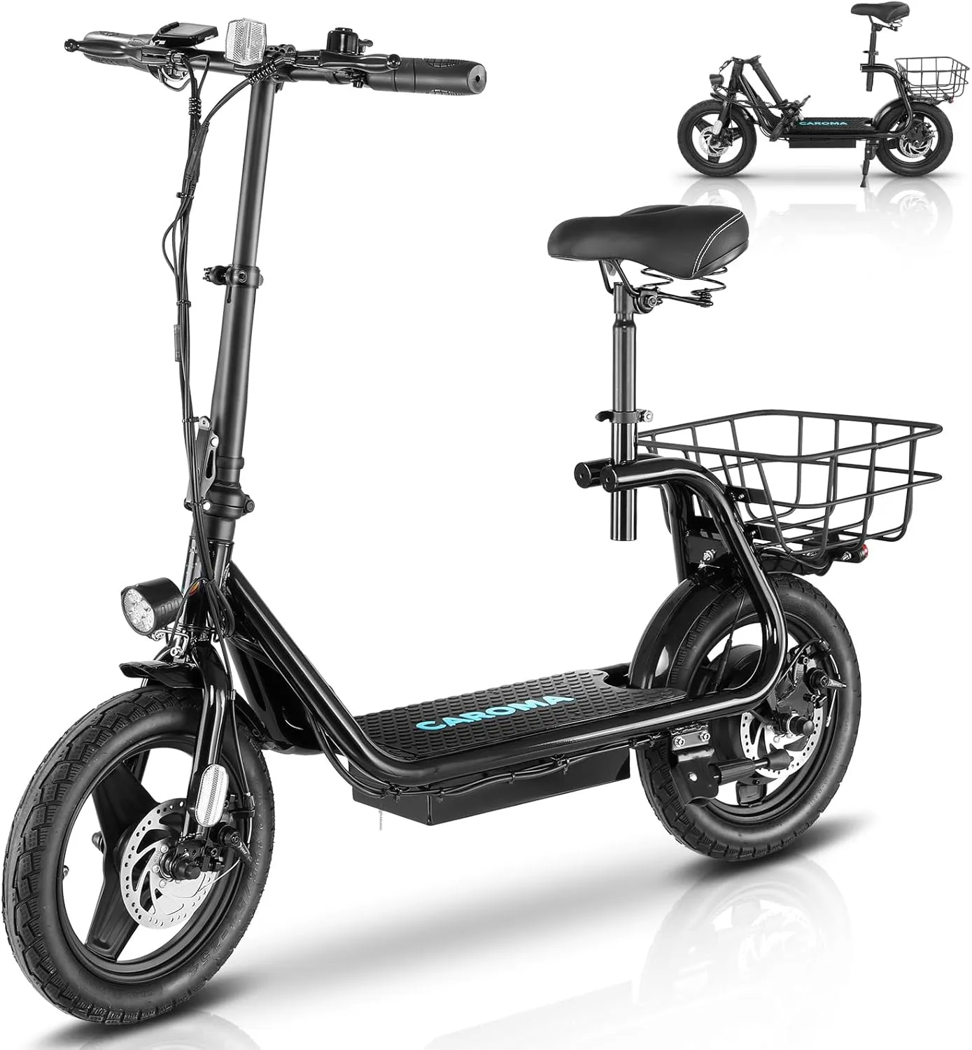 Caroma Peak 560W Electric Scooter with Seat for Adults, 14" Fat Tire up to 30 Miles&20MPH, Foldable Adult Electric Scooter for Commuting with Basket&Shock Absorbing（Black