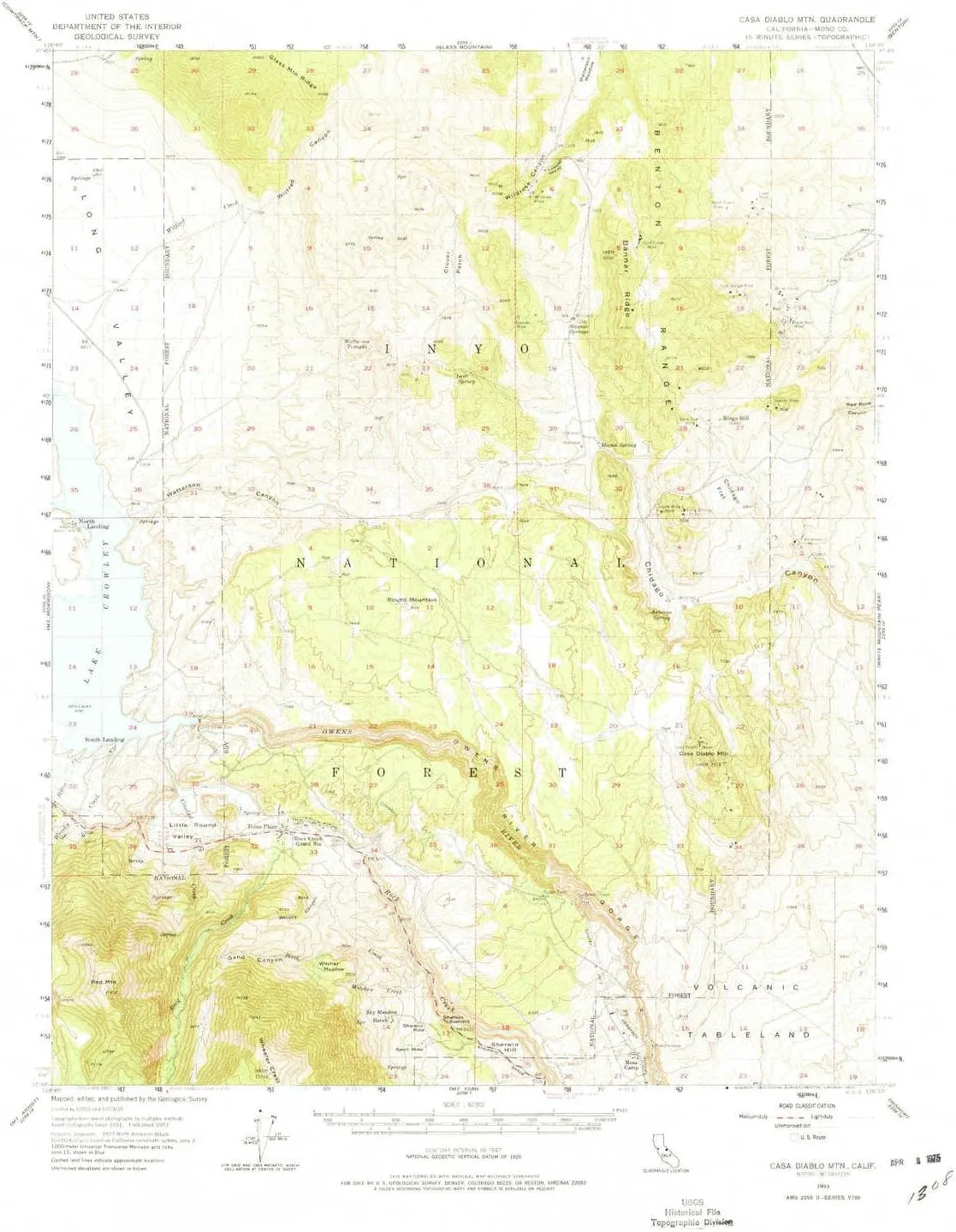 Casa Diablo MTN CA topo map, 1:62500 Scale, 15 X 15 Minute, Historical, 1953, Updated 1975, 21.7 x 17.3 in