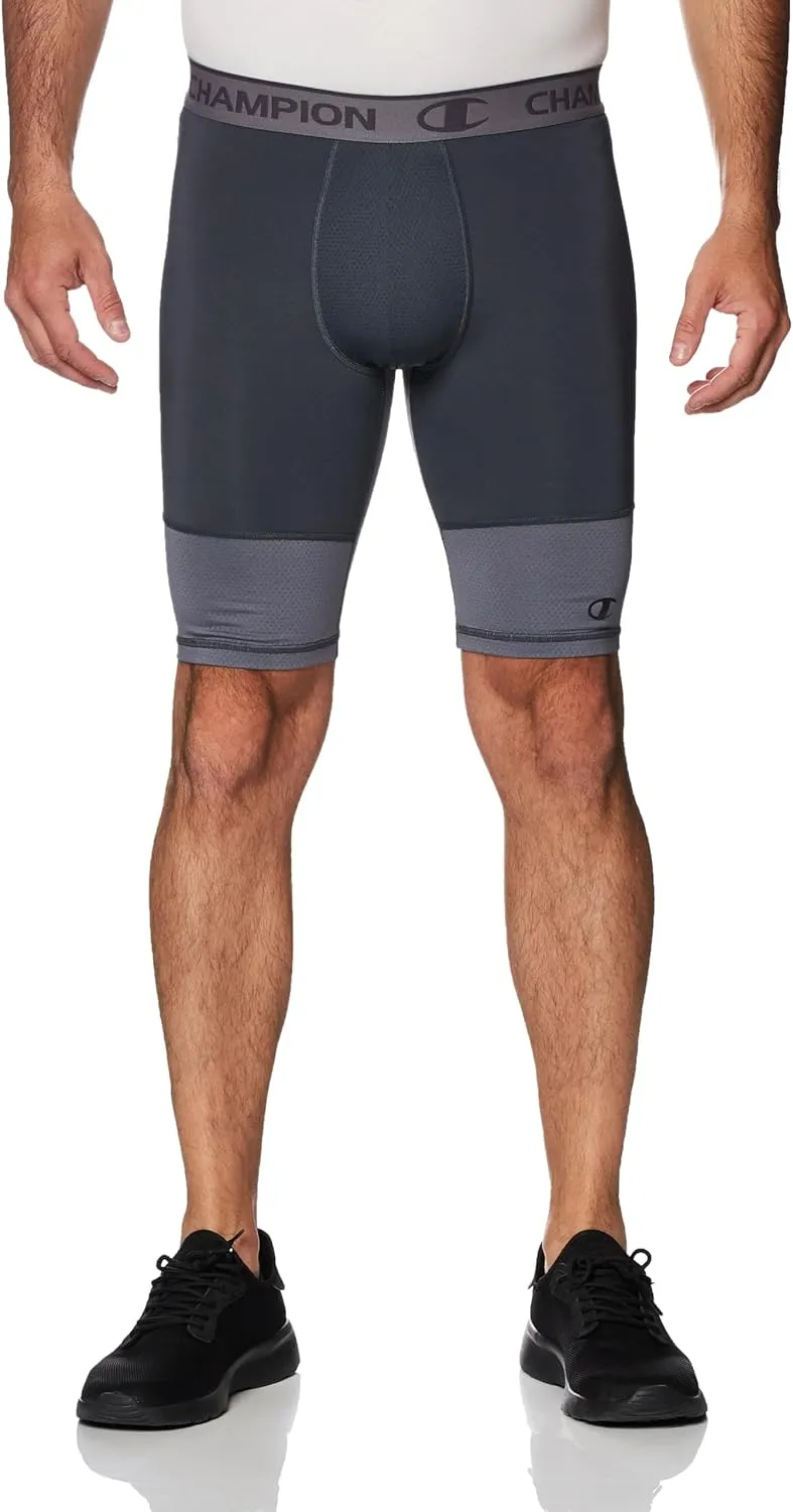 Champion Men's, Compression Shorts with Total Support Pouch, Moisture Wicking, 6" & 9", Stealth/Stormy Night C Logo, X-Large