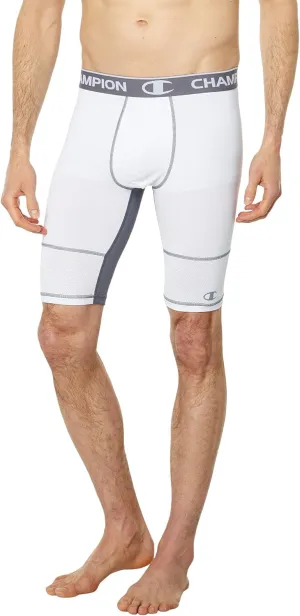 Champion Men's, Compression Shorts with Total Support Pouch, Moisture Wicking, 6" & 9", White/Stormy Night C Logo, X-Large