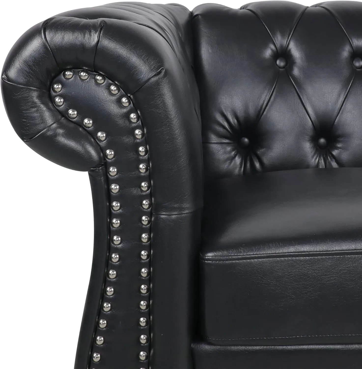 Chesterfield Sofa Leather, 84" Upholstered Tufted Couch 3 Seater with Rolled Arms and Nailhead for Living Room, Bedroom (Black)
