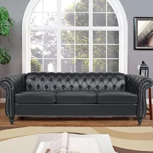 Chesterfield Sofa Leather, 84" Upholstered Tufted Couch 3 Seater with Rolled Arms and Nailhead for Living Room, Bedroom (Black)