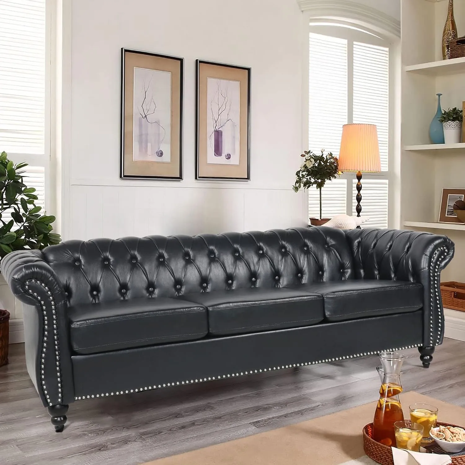 Chesterfield Sofa Leather, 84" Upholstered Tufted Couch 3 Seater with Rolled Arms and Nailhead for Living Room, Bedroom (Black)