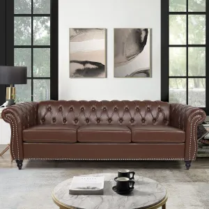 Chesterfield Sofa Leather, 84" Upholstered Tufted Couch 3 Seater with Rolled Arms and Nailhead for Living Room, Bedroom (Dark Brown)