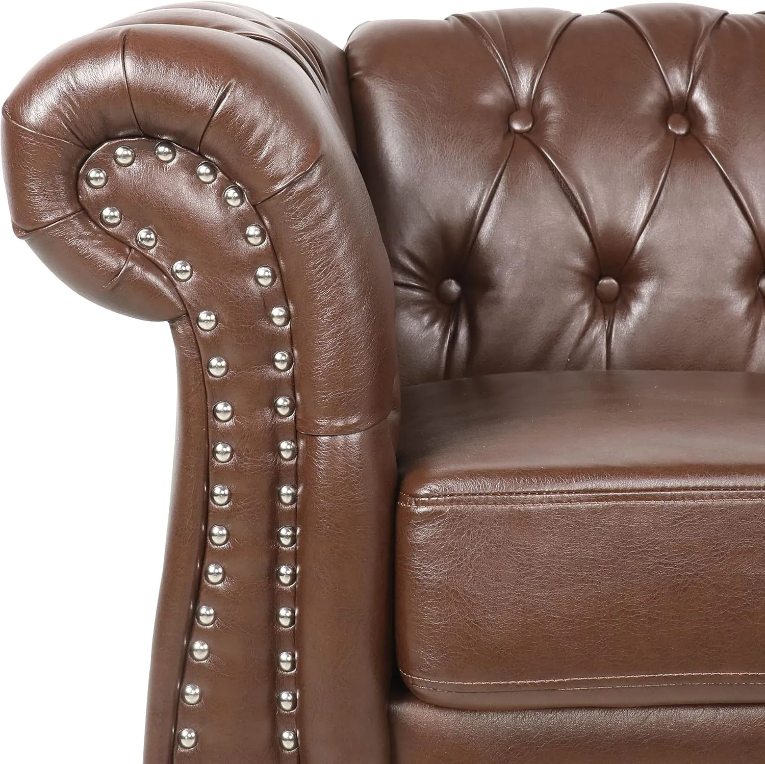 Chesterfield Sofa Leather, 84" Upholstered Tufted Couch 3 Seater with Rolled Arms and Nailhead for Living Room, Bedroom (Dark Brown)