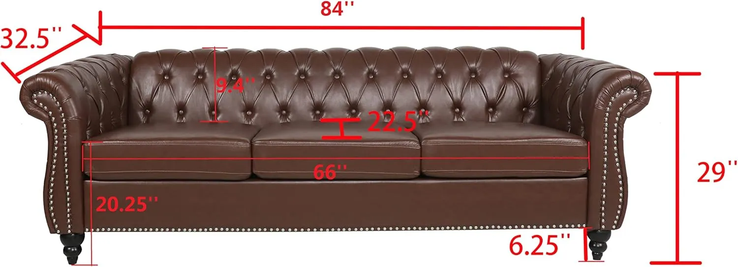 Chesterfield Sofa Leather, 84" Upholstered Tufted Couch 3 Seater with Rolled Arms and Nailhead for Living Room, Bedroom (Dark Brown)