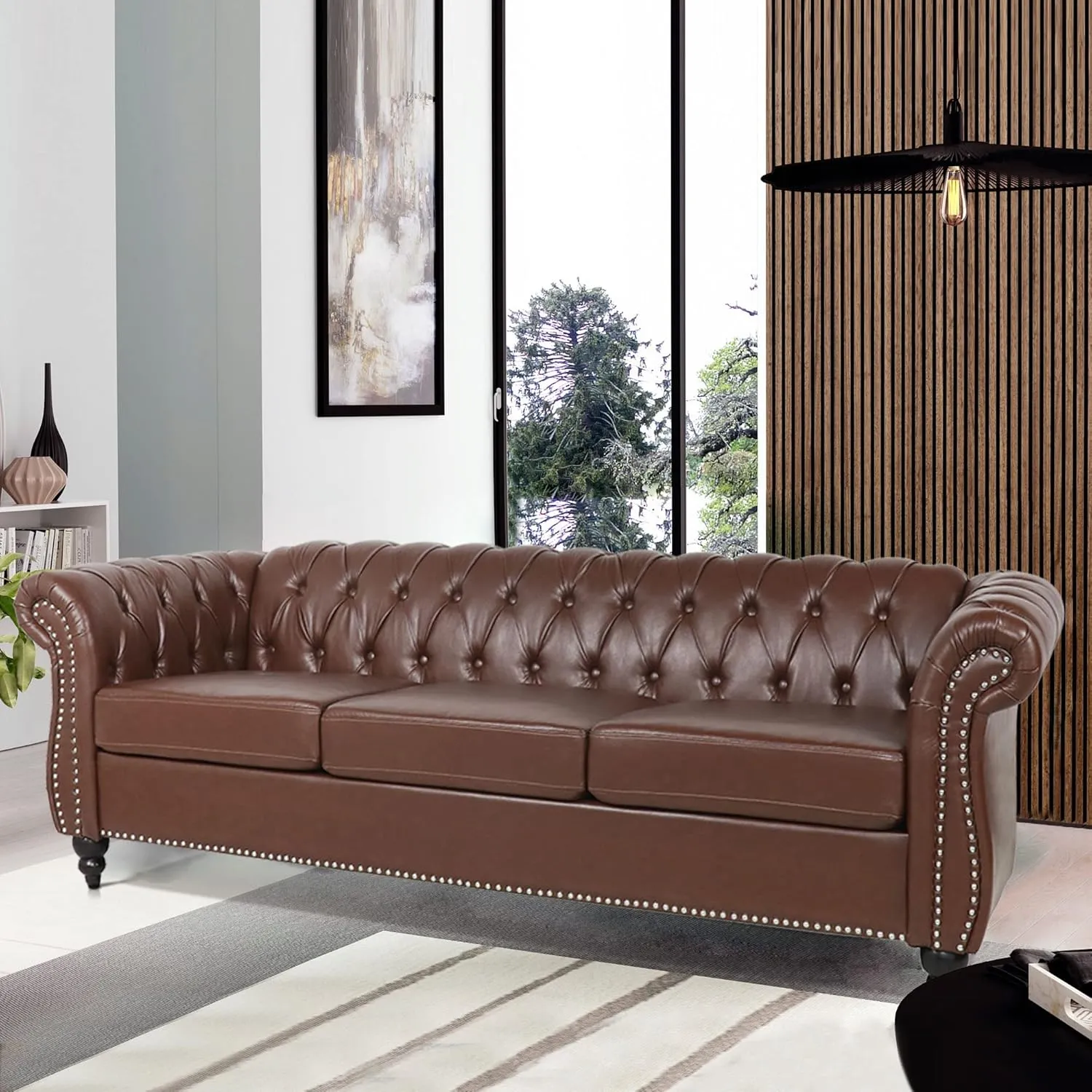 Chesterfield Sofa Leather, 84" Upholstered Tufted Couch 3 Seater with Rolled Arms and Nailhead for Living Room, Bedroom (Dark Brown)