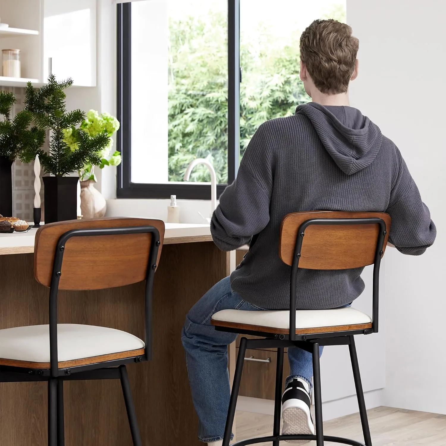 CHITA Swivel Counter Height Bar Stools with Back, Fabric Upholstered Barstools Set of 2, 27" Seat Height, Metal & Wood Frame, Cream