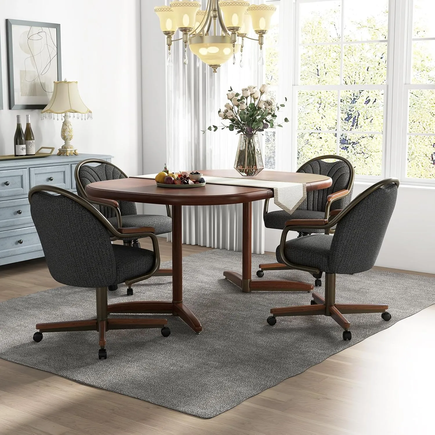 Chromcraft Set of 2 Dining Chairs - Swivel-Tilt Caster Upholstered Memory Foam Chairs with Soft Wheels for Kitchen and Dining Room (Ravenrock Indigo-Walnut)