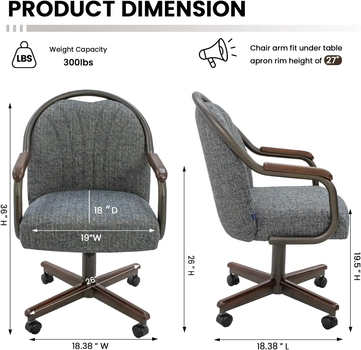 Chromcraft Set of 2 Dining Chairs - Swivel-Tilt Caster Upholstered Memory Foam Chairs with Soft Wheels for Kitchen and Dining Room (Ravenrock Indigo-Walnut)