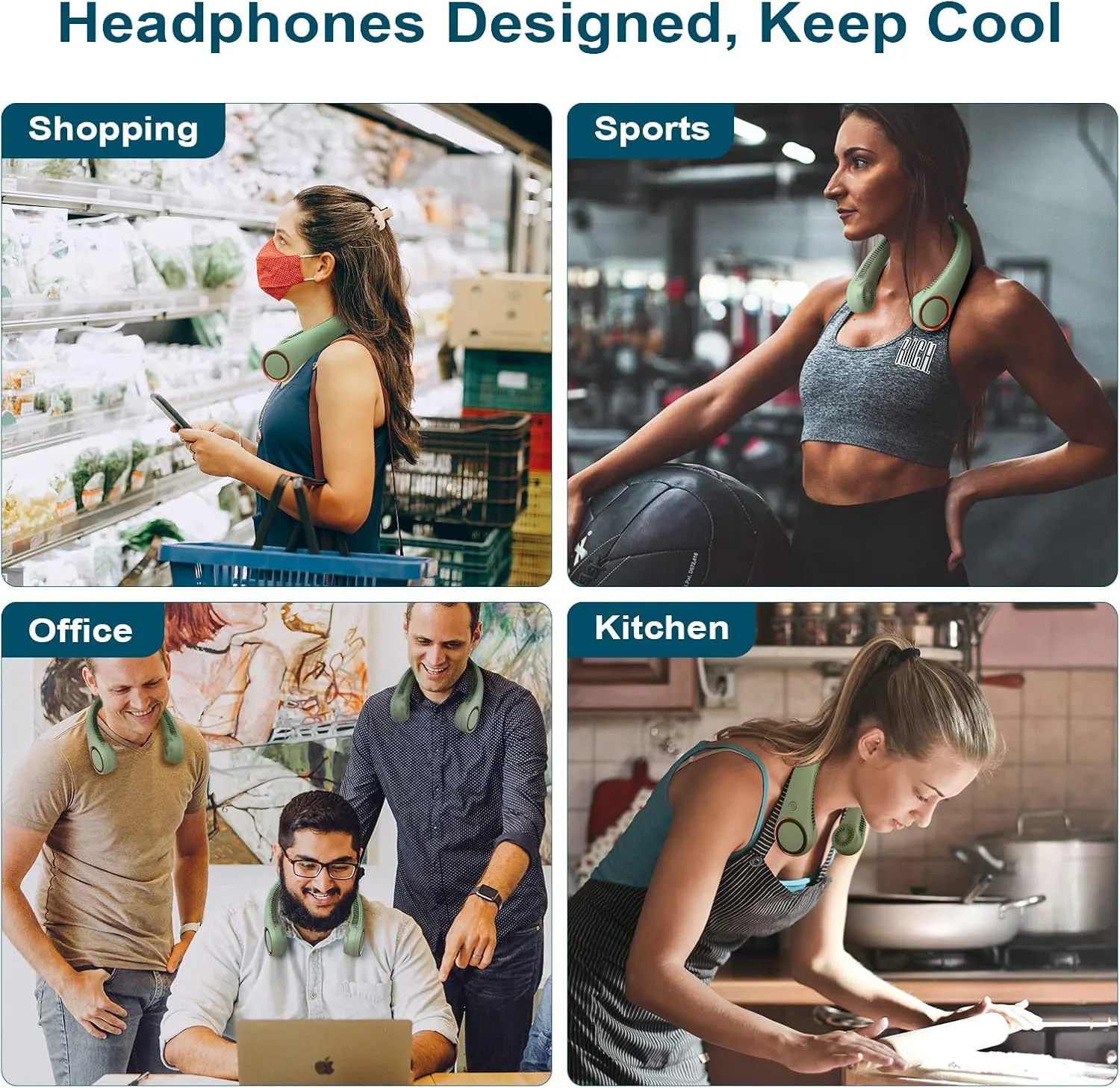CIVPOWER Neck Fan: Portable Personal Neck Cooling Rechargeable Bladeless Fan - Hands Free 3 Speed 4000 mAh Battery USB Operated Wearable Headphone Design - for Men Women Outdoor Indoor (Light Green)