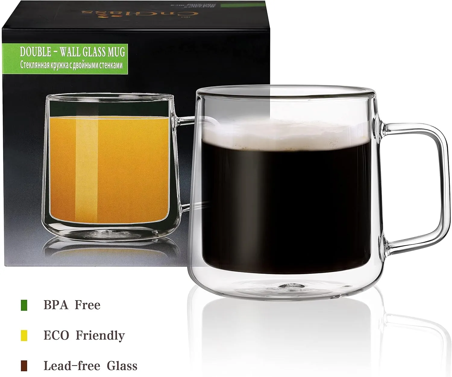 CNGLASS Double Wall Glass Coffee Mugs 15.2oz(450ml),Large Clear Insulated Glass Espresso Cup with Handle,Set of 1