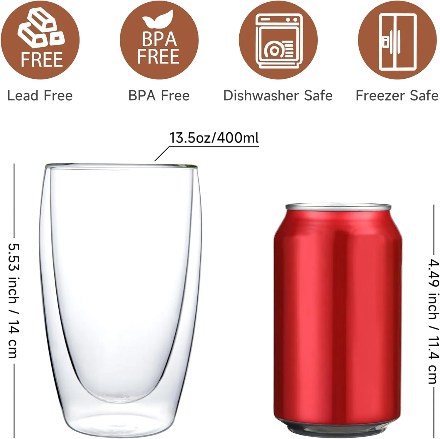 CNGLASS Double Wall Thermo Glass Cup 13.5 oz,Insulated Glass Coffee Set of 2