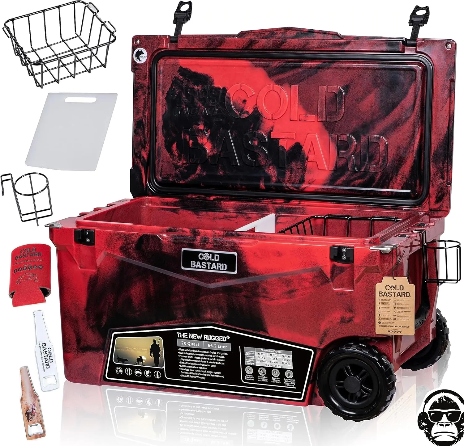 COLD BASTARD COOLERS 70QTW Rugged  CAMO Red Large Wheels The Best Premium Ice Chest Cooler Accessories Free S&H (CB70W-CR)
