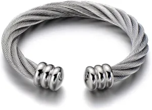 COOLSTEELANDBEYOND Large Elastic Adjustable Steel Twisted Wire Cuff Bangle Bracelet for Men Women